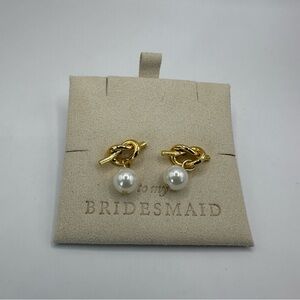 Gold Knot & White Pearl Drop Earrings - Bridesmaid